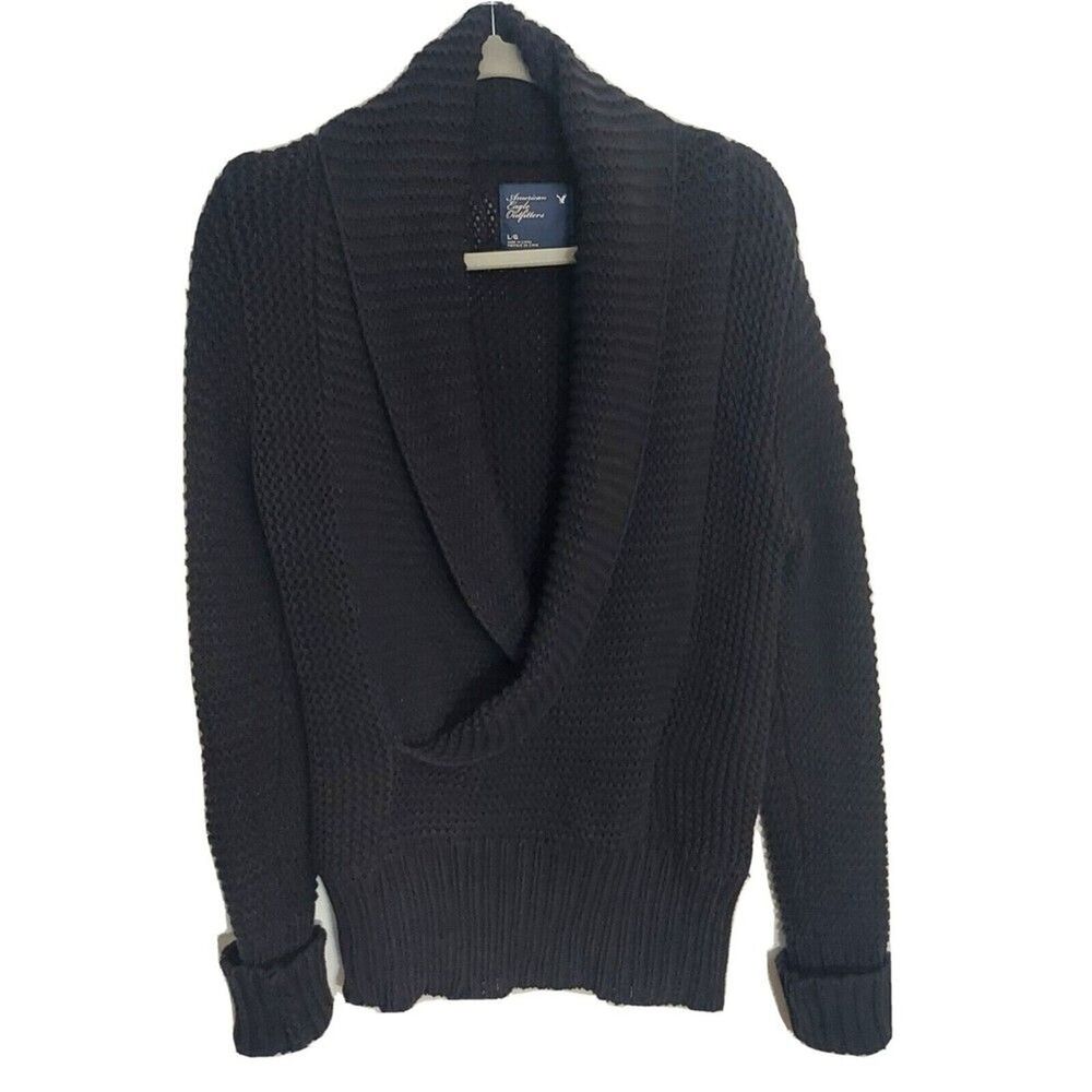American Eagle Outfitters Womens LARGE Sweater Black Deep Neck Faux Wrap